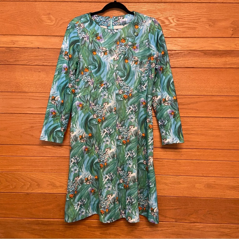 Vintage 1970s polyester green and blue floral dress
